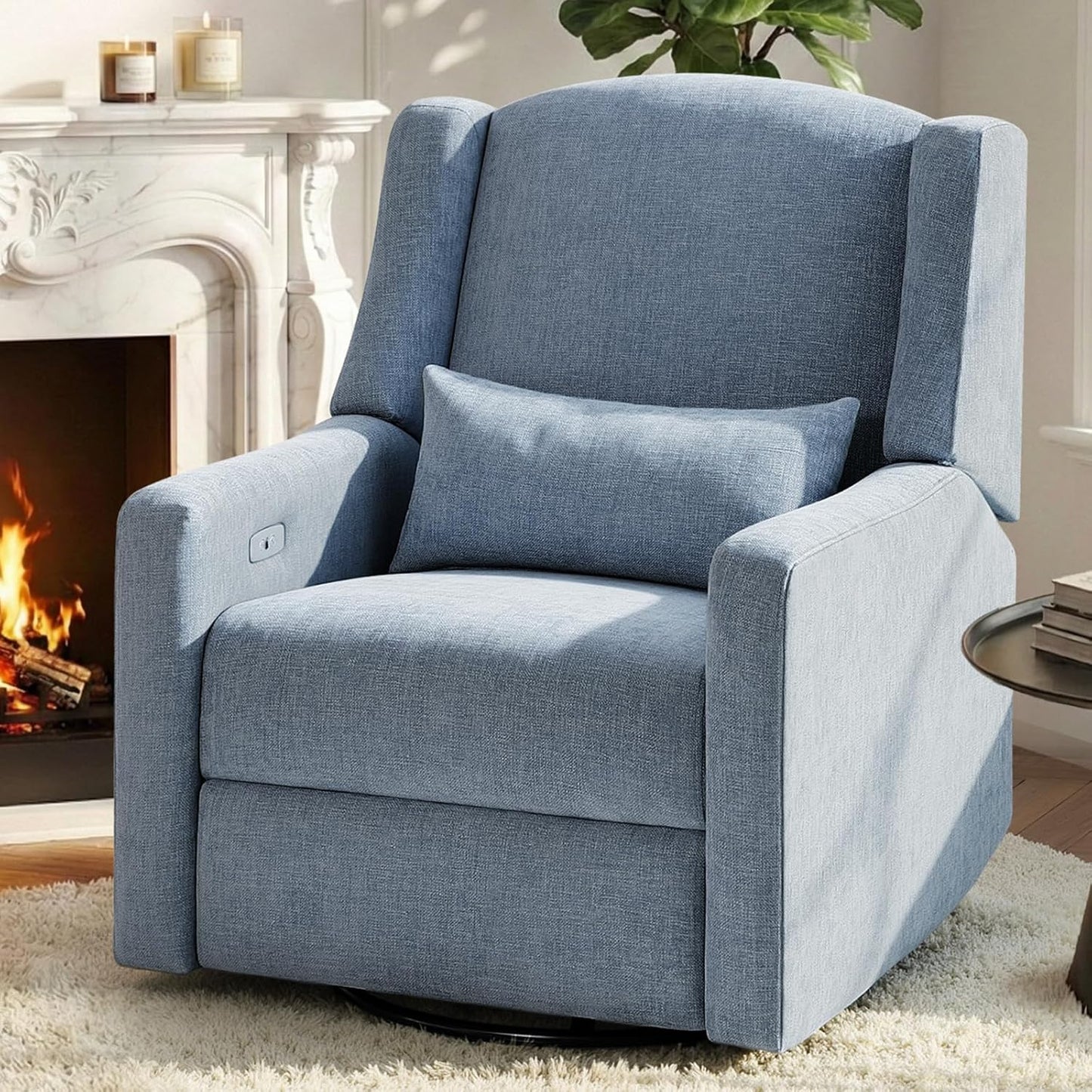 Power Glider Recliner Nursery Chair w/USB Ports, Soft Chenille Glider Rocking Chair with Ottoman, Swivel Glider Chair with Lumbar Pillow for for Nursery, Blue