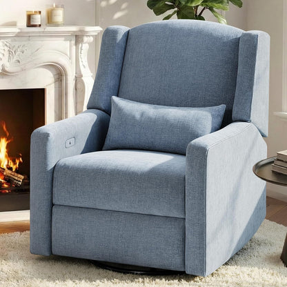Power Glider Recliner Nursery Chair w/USB Ports, Soft Chenille Glider Rocking Chair with Ottoman, Swivel Glider Chair with Lumbar Pillow for for Nursery, Blue