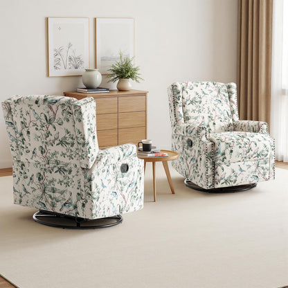 Swivel Rocker Recliner Chair, Manual Nursery Glider Recliner, Floral Fabric Wingback Accent Chair with Adjustable Backrest & Footrest for Small Spaces Living Room Bedroom (Plants Floral, Set of 1)