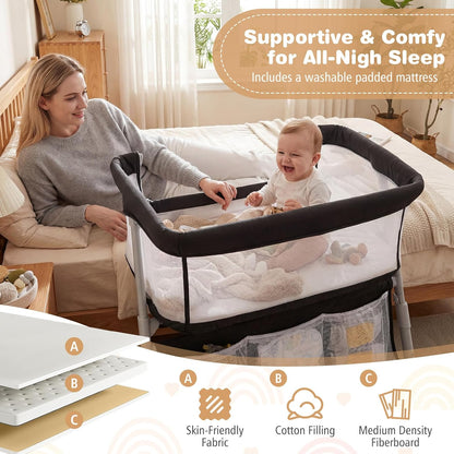 BABY JOY Bassinet, Bedside Crib w/Adjustable Height, Comfy Mattress, Full-Mesh Sides and Storage Pockets for Newborns Infants, Baby Bassinets Bedside Sleeper for Safe Co-Sleeping