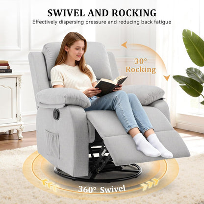 Korser Recliner Chair, 360 Swivel Rocker Chair for Adults, Small Rocking Recliner for Small Spaces, Upholstered Fabric Glider Recliner Nursery
