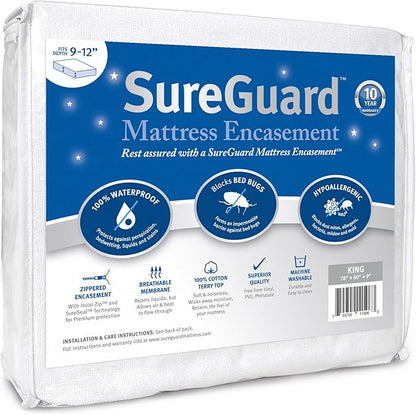 King (9-12 in. Deep) SureGuard Mattress Encasement - 100% Waterproof, Bed Bug Proof, Hypoallergenic - Premium Zippered Six-Sided Cover