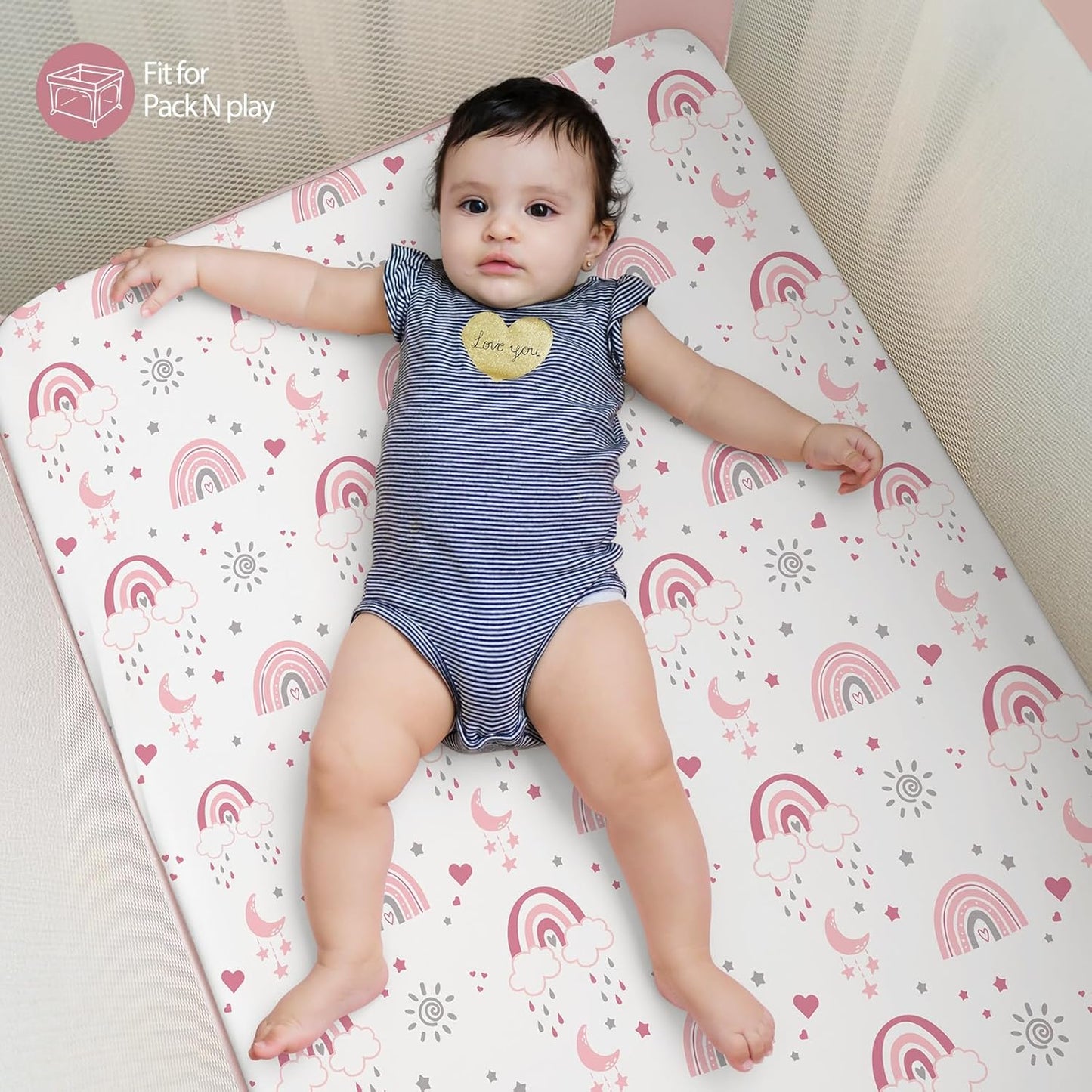 Baby Mini Crib Sheets Girl, Portable 38”x26” Pack and Play Sheets Fitted for Playard and Pack N Play Mattress, 3-Pack Soft Microfiber Pink Rainbow