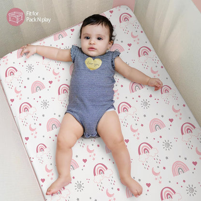 Baby Mini Crib Sheets Girl, Portable 38”x26” Pack and Play Sheets Fitted for Playard and Pack N Play Mattress, 3-Pack Soft Microfiber Pink Rainbow
