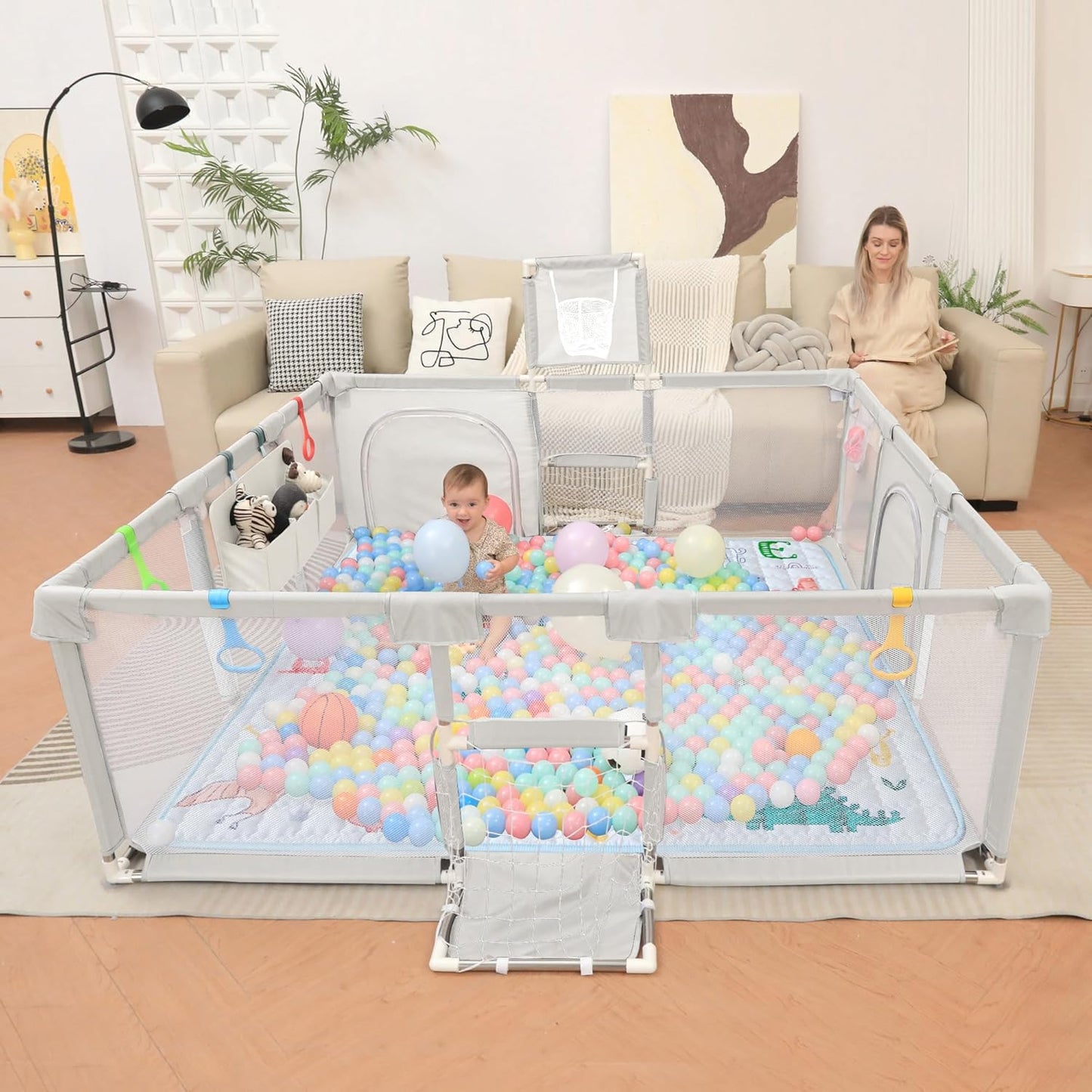 Playpen for Babies and Toddlers,73"x71"Baby Playpen with Mat Indoor＆Outdoor with Breathable Play Pen with Ocean Balls Hanging Pocket Basketball Hoop and Football Goal (Grey with Mat, 73"x71")
