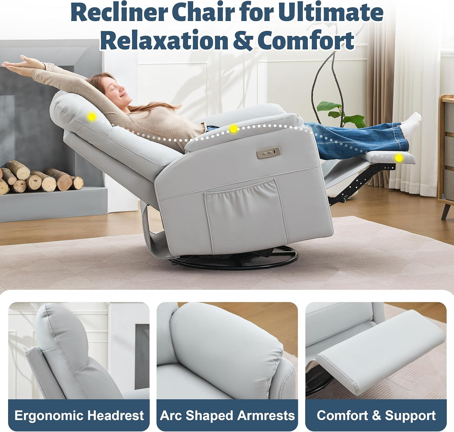 Power Glider Recliner Nursery Rocking Chair with USB Ports, Glider Chair with Lumbar Pillow for Living Room, Glider Swivel Recliner Chair for Nursery(Beige)