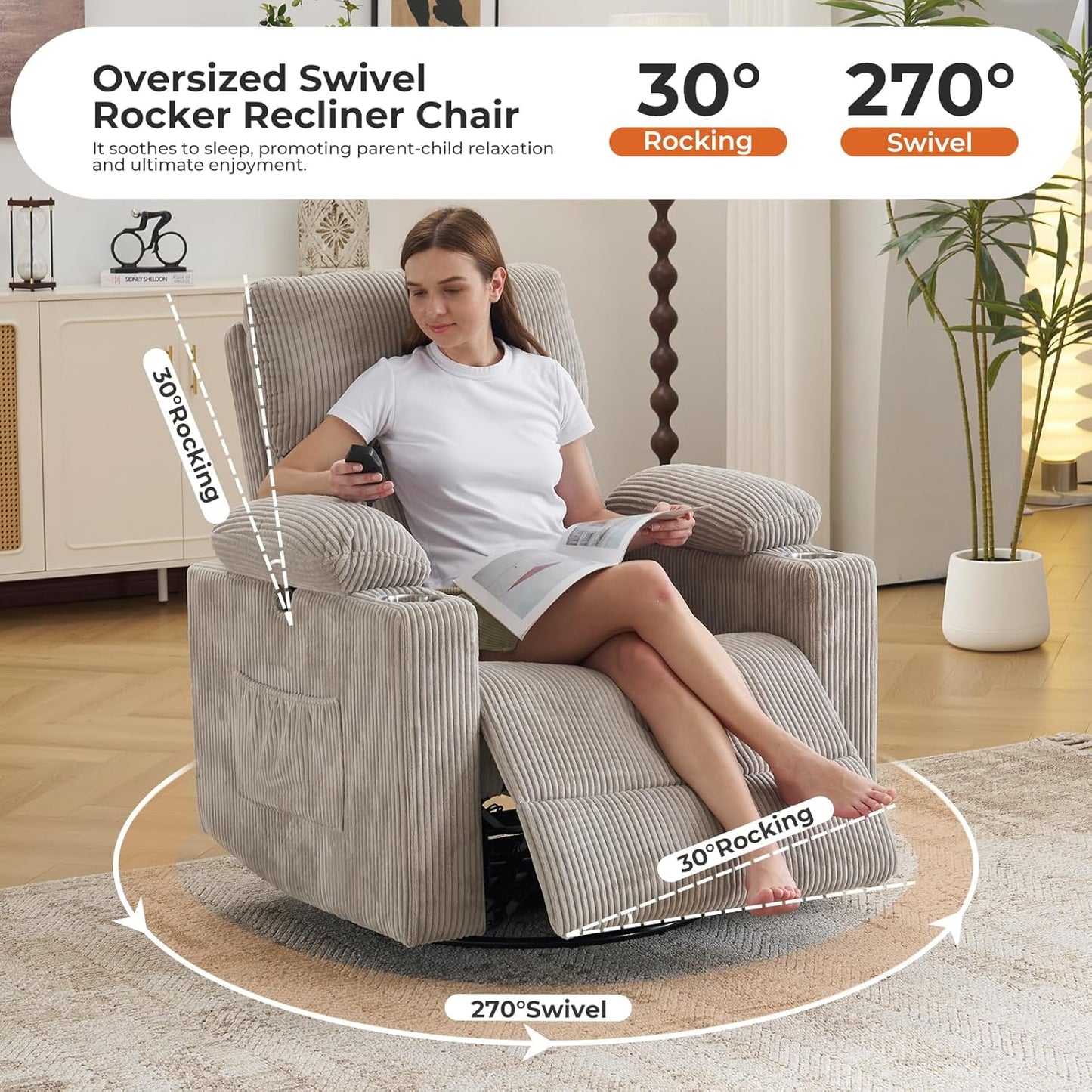 Rocking Chair Nursery with Adjustable Armrests, Electric Glider Recliner Nursing Chair for Breastfeeding, Power Swivel Recliner Chairs with Massage and Heat, Adjustable Headrest , FSC Certified, White