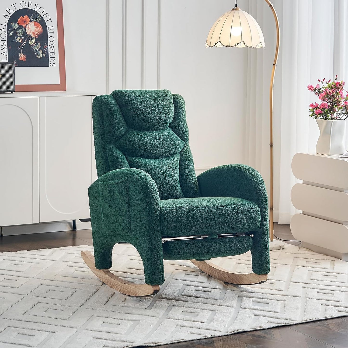 Rocking Chair Nursery with Foot Rest,Upholstered Teddy Glider Rocker with Wood Legs, Nursing Rocking Chair for Living Room/Nursery,Pink