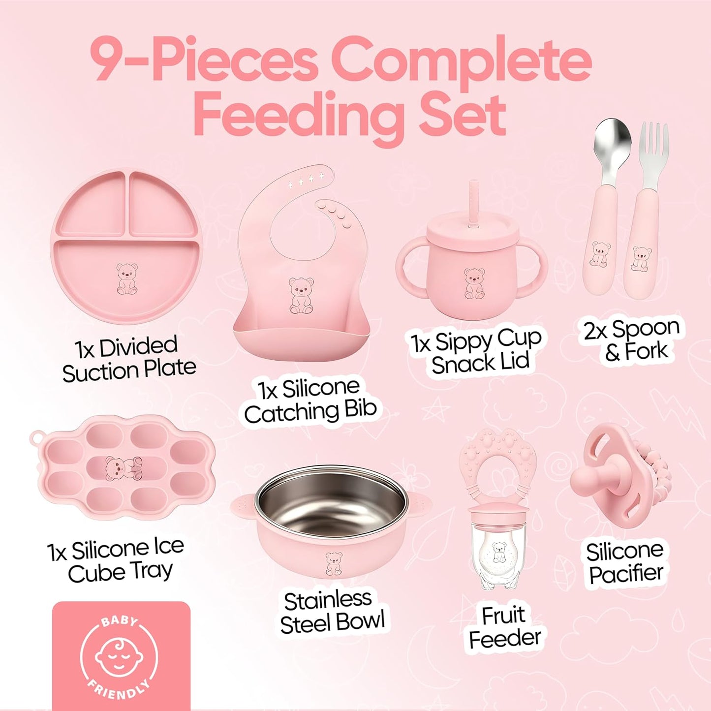 9-Piece Silicone Baby Feeding Set | Suction Bowl, Plate, Bib, Cup, Fork & Spoon | BPA-Free Food-Grade Silicone Baby Tableware | Baby-Led Weaning | Dishwasher (Pink)