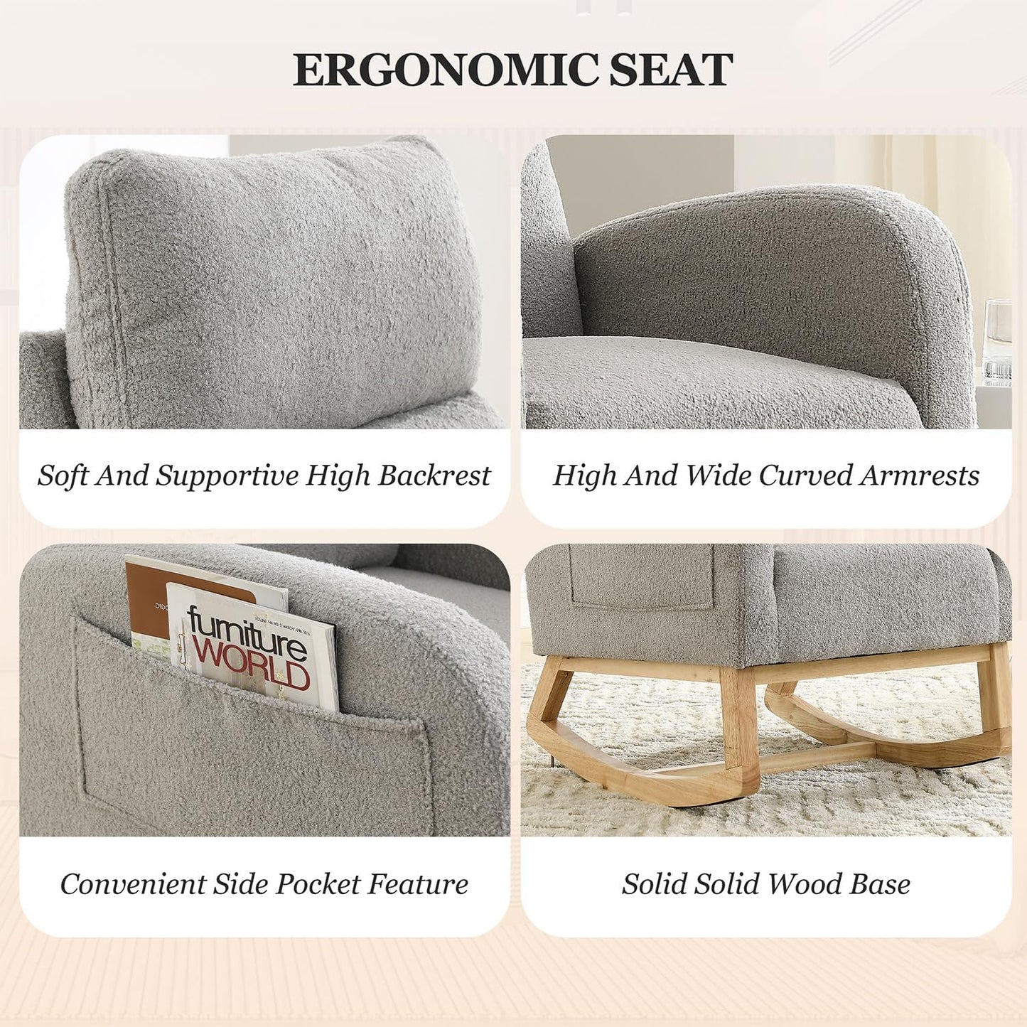 Rocking Chair Nursery, Glider Chair with High Back and Side Pocket, Solid Wood Frame Armchair with Non-Slip Padding for Nursery, Living Room, Bedroom (Ivory)