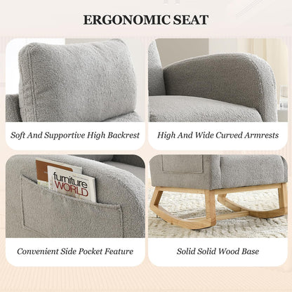Rocking Chair Nursery, Glider Chair with High Back and Side Pocket, Solid Wood Frame Armchair with Non-Slip Padding for Nursery, Living Room, Bedroom (Ivory)