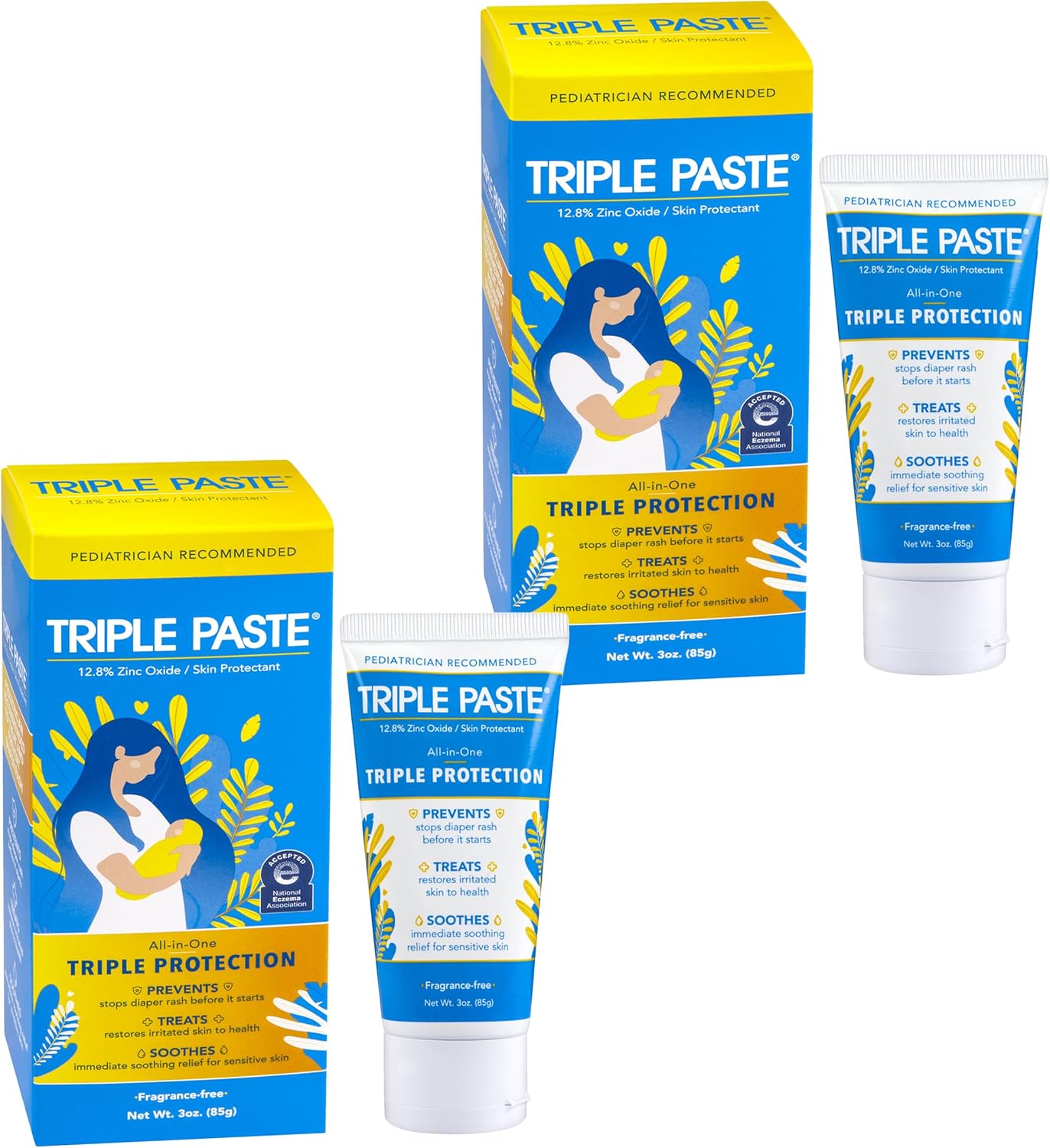 Triple Paste Diaper Rash Cream for Baby - 3 oz Tube – Zinc Oxide Ointment Treats, Soothes & Prevents Diaper Rash, Pediatrician-Recommended Hypoallergenic Formula, Baby Essentials for Daily & Overnight