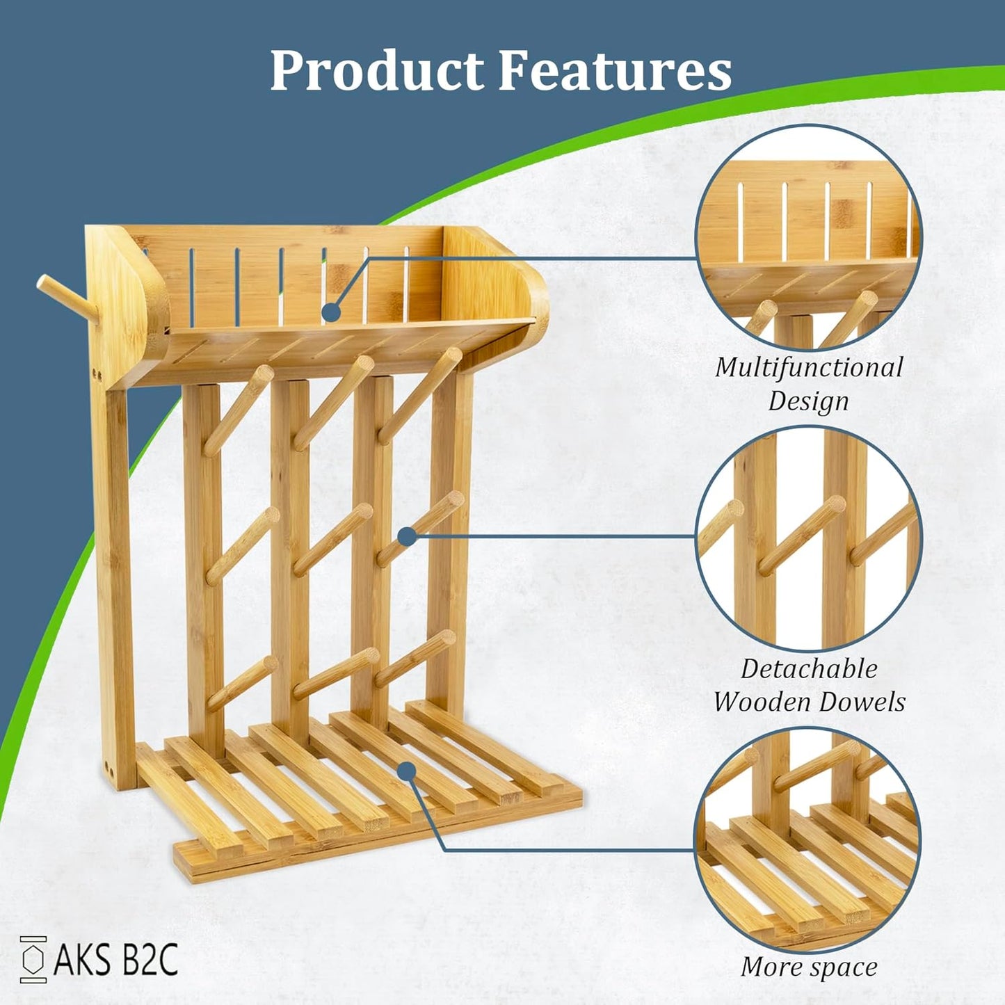 Bamboo Baby Bottle Drying Rack, Vertical Space Saving Kitchen Organizer, 9 Bottle Capacity, Countertop Storage Holder and Bottle Dryer with Draining Base (Comes with a Free Cleaning Brush)