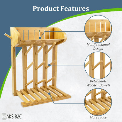 Bamboo Baby Bottle Drying Rack, Vertical Space Saving Kitchen Organizer, 9 Bottle Capacity, Countertop Storage Holder and Bottle Dryer with Draining Base (Comes with a Free Cleaning Brush)