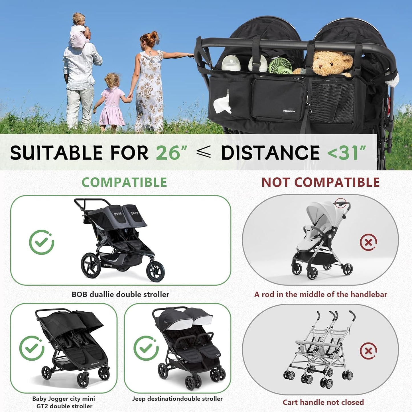 Double Stroller Organizer for Bob Duallie with 2 Insulated Cup Holders & Cooler Bag, Baby Jogger City Mini Gt2 Jeep Double Stroller Caddy Accessories, Universal Parent Console Stroller Organizer