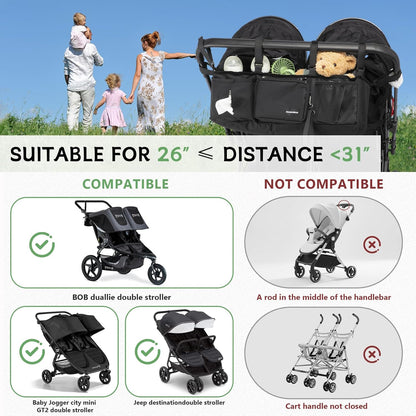Double Stroller Organizer for Bob Duallie with 2 Insulated Cup Holders & Cooler Bag, Baby Jogger City Mini Gt2 Jeep Double Stroller Caddy Accessories, Universal Parent Console Stroller Organizer