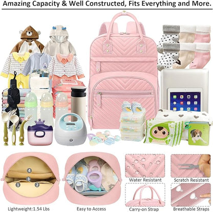 Tenot Diaper Bag Backpack Tote for Women Large Capacity, Baby Bag with Insulated Pockets Multifunctional Diaper Bags For Baby Girl Boy Waterproof Baby Bags For Boys Girls Maternity Bag Baby Pink
