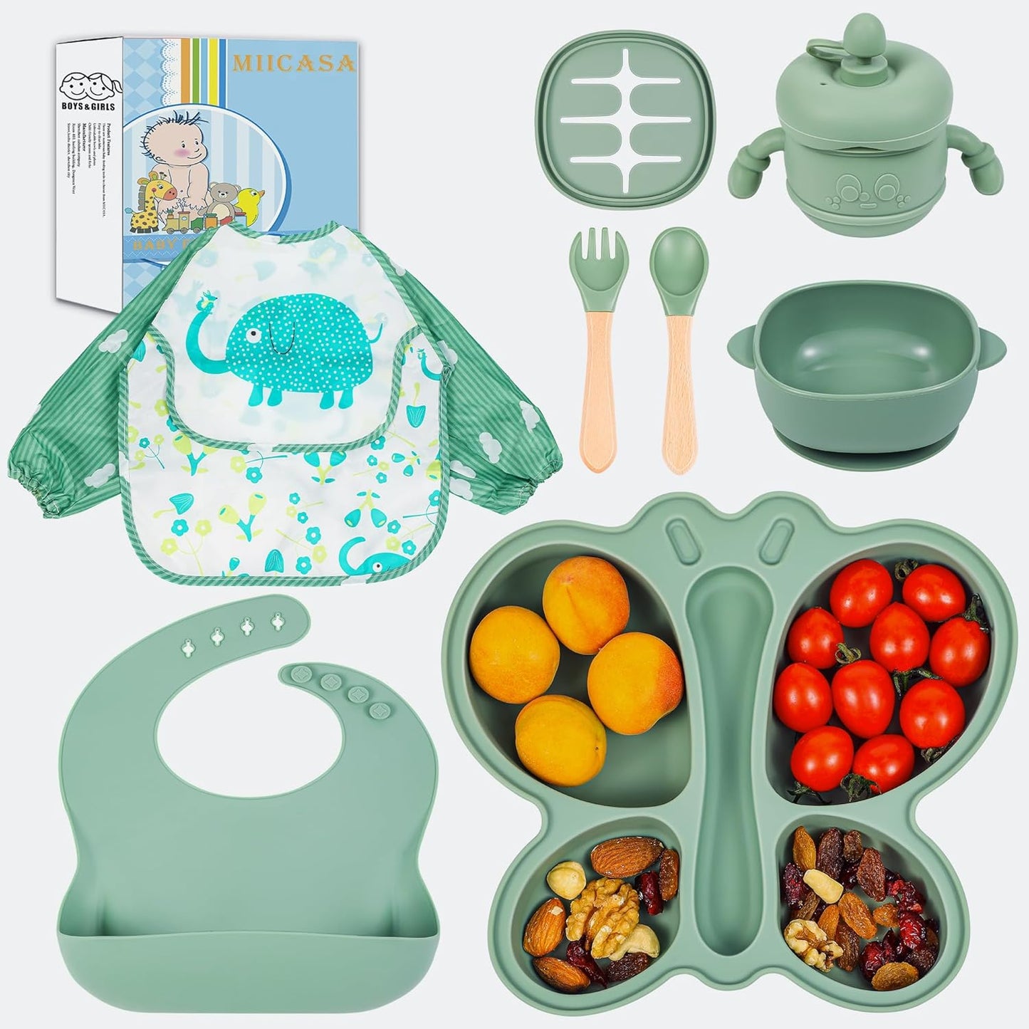 Silicone Baby Feeding Set, Baby Led Weaning Supplies, Baby Food Tableware Silicone Suction Plate, Bowl, Spoons, Fork, Waterproof Bib, Cup & Complementary Food Cake Mold, Baby Eating Utensils