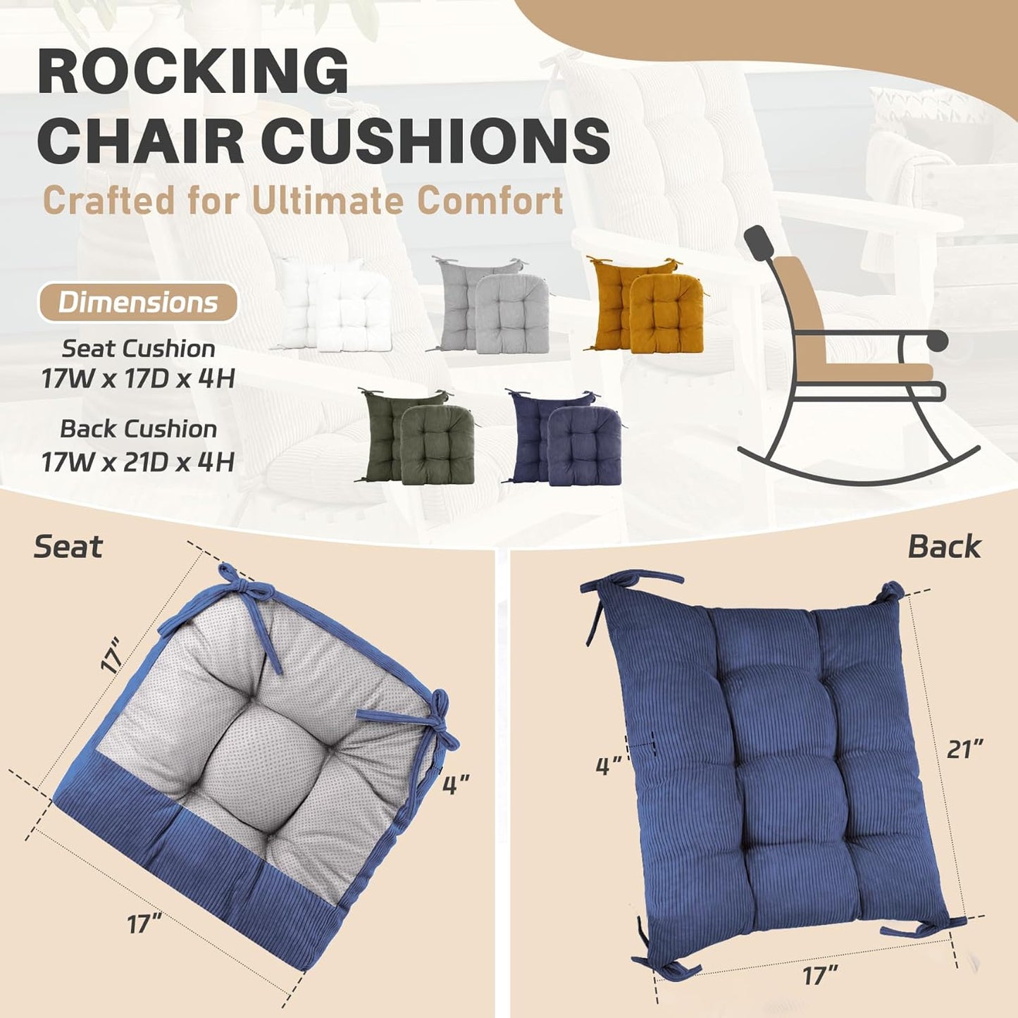 Rocking Chair Cushion with Ties Non-Slip Outdoor Rocking Chair Cushion Set Waterproof Fade-Resistant Porch Garden Patio Glider Rocker Cushions