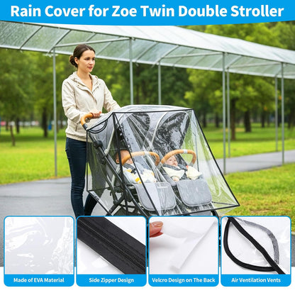 Rain Cover Compatible with Zoe Twin Double Stroller, Double Stroller Rain Cover Side by Side, Waterproof Windproof Shield, Breathable Clear Cover, Foldable Travel Stroller Accessories for Daily Walks