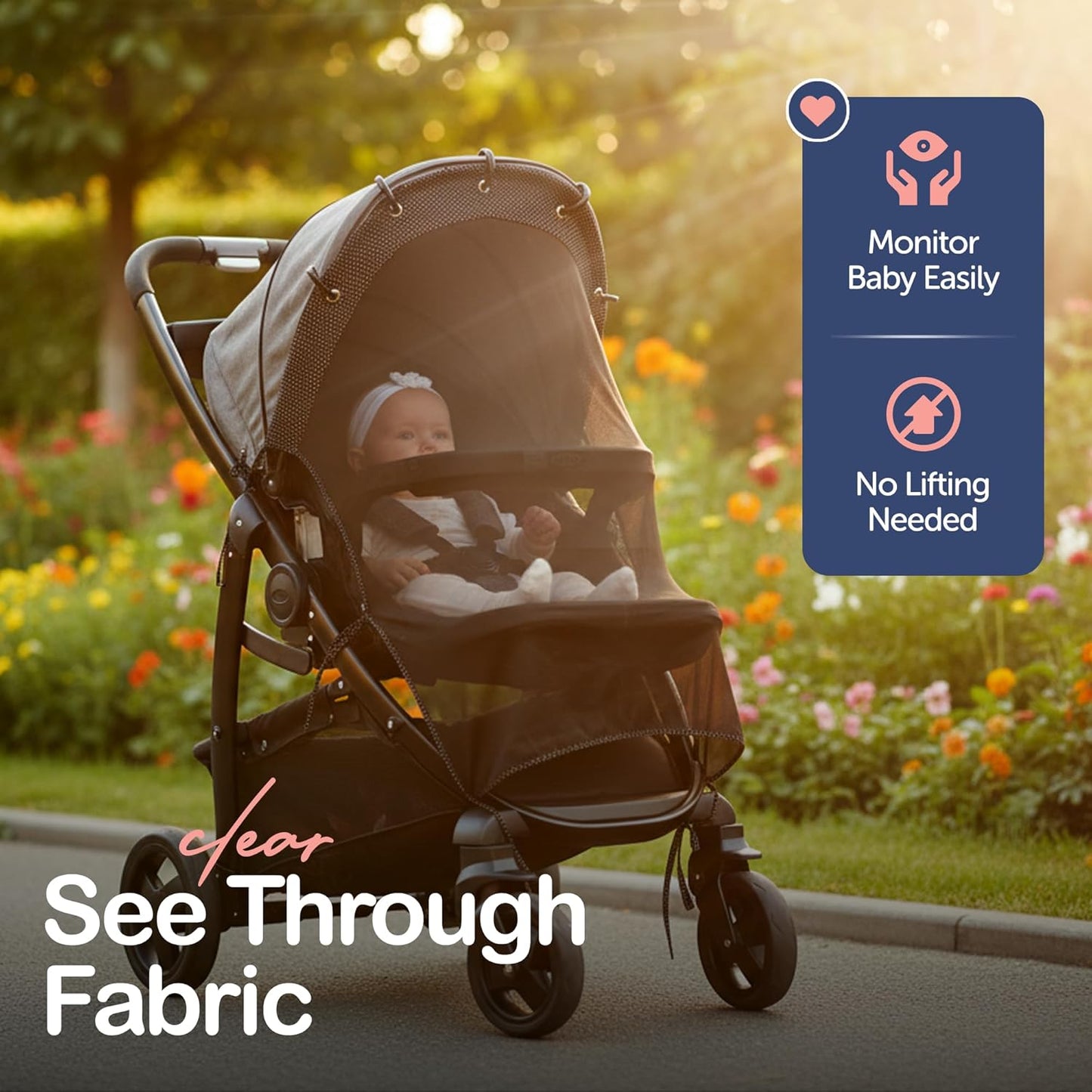Stroller Sun Shade Extender – Universal Clip-On Baby Stroller Sun Shade Cover, UV Protection, Breathable See-Through Mesh, Adjustable Fit, Large Black