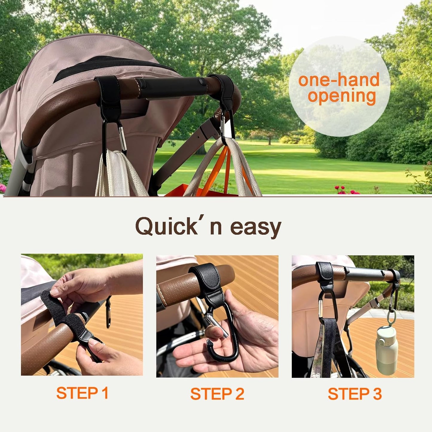 Stroller Hooks with Silicone Bottle Holders - 2 Pack Heavy Duty Aluminum Carabiner Clips & 2 Universal Silicone Grips for Water Bottles - Universal Organizer for Diaper Bags, Wheelchairs, Carts