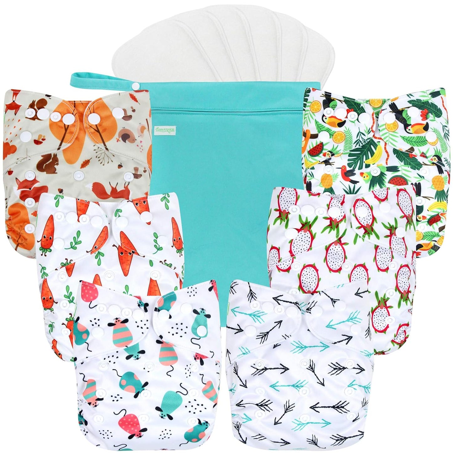 wegreeco Cloth Diapers 6 Pack with 6 Inserts & 1 Wet Bag, Washable Cloth Diapers for Babies, One Size Adjustable Reusable (Flower)
