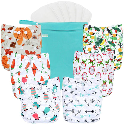 wegreeco Cloth Diapers 6 Pack with 6 Inserts & 1 Wet Bag, Washable Cloth Diapers for Babies, One Size Adjustable Reusable (Flower)