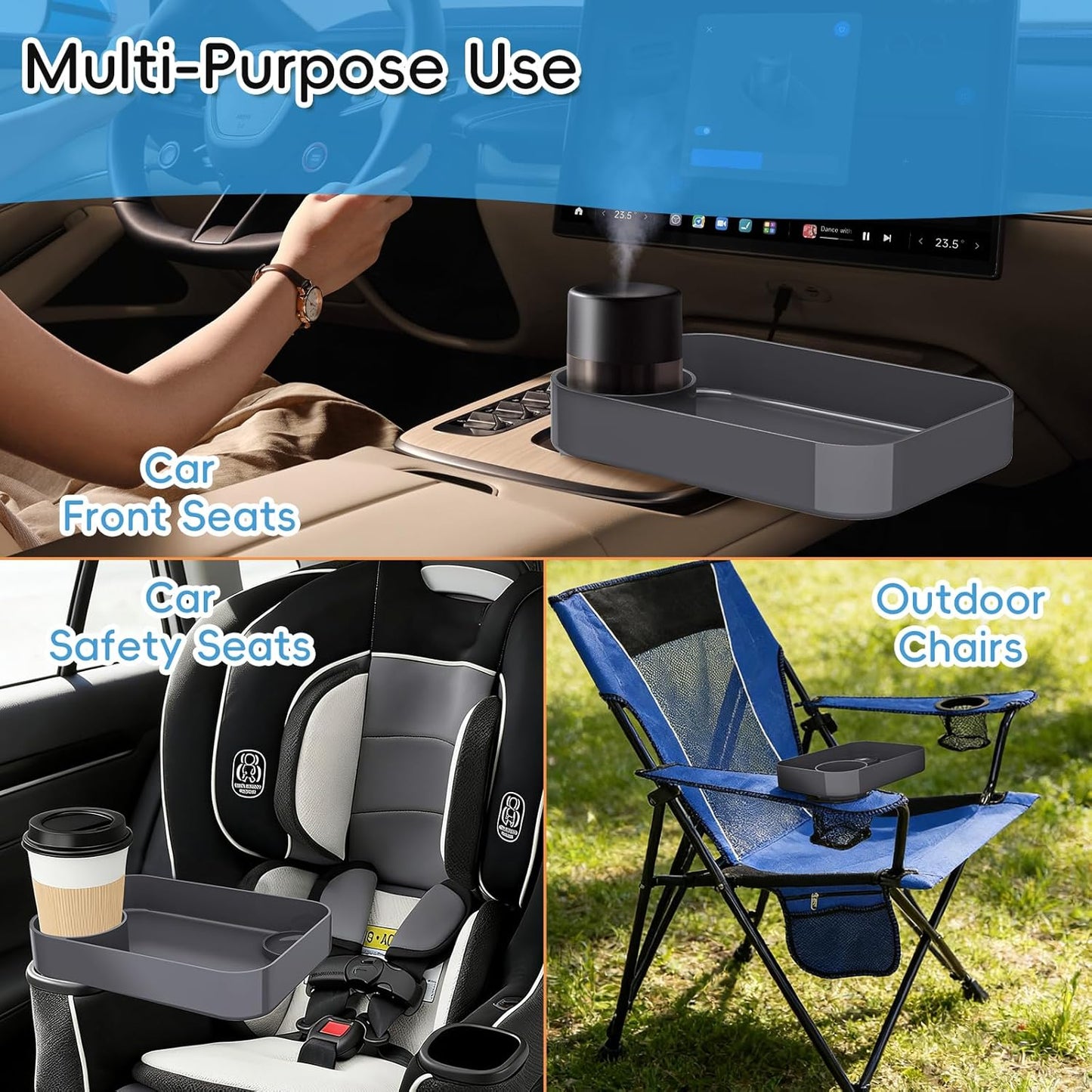 Kids Car Seat Tray, Travel Tray with Cup Holder for Toddler Baby, Kids Car Seat Food Snack Organizer for Road Trip, Stroller Snack Organizer Travel Must Haves Toddler Must Haves (Dark Gray, 1PCS)