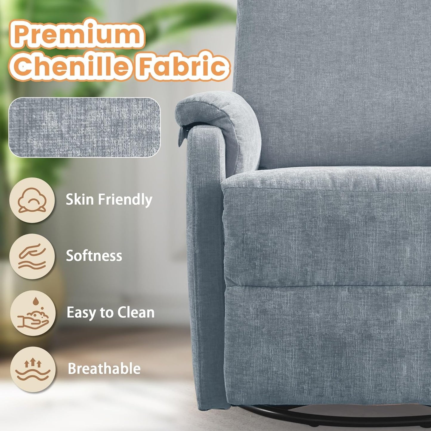 Korser Recliner Chair, Swivel Rocking Recliner Chair for Adults, Glider Rocking Chair, Small Nursery Chair Recliner for Living Room, Reclining Chair with Modern-Designed Armrests, Chenille, Beige