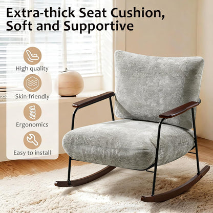 Rocking Chair Nursery Upholstered Glider Chair with Armrests Wood Legs for Relaxing, Comfortable Lounge Armchair Chenille Fabric for Living Room Bedroom, Gray
