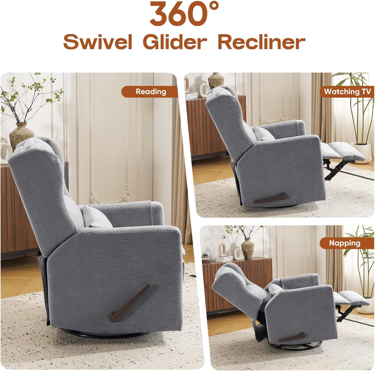 Power Recliner Chair Swivel Glider with Adjustable Headrest，Oversized Swivel Rocker Recliner with Lumbar Support, Upholstered Nursery Glider Recliner for Living Room,White