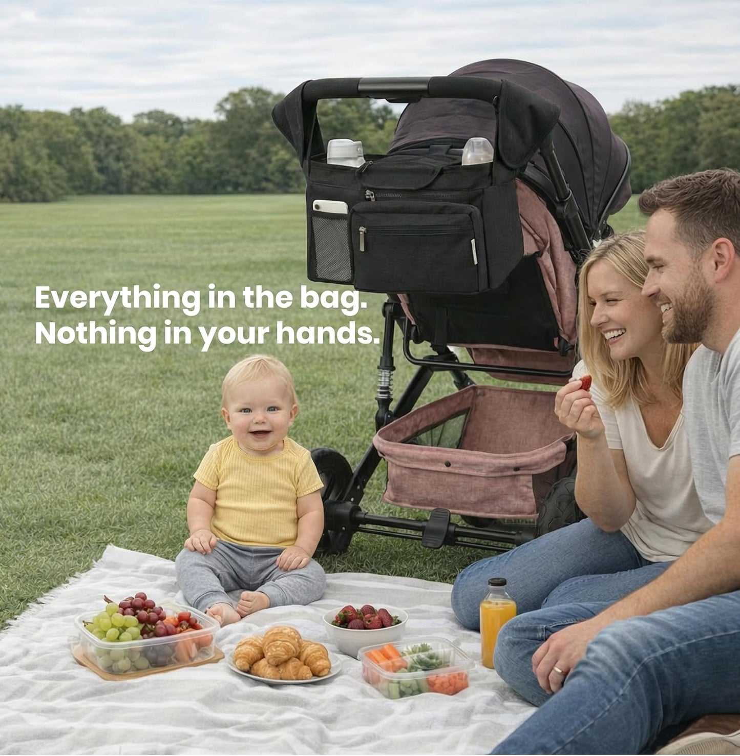 Black Universal Stroller Organizer with 2 Insulated Cup Holders, 3-in-1 Stroller Caddy with Detachable Phone Bag & Non-Slip Shoulder Strap, Fits Uppababy, Nuna, Doona, Baby Essentials
