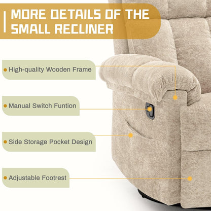 Korser Recliner Chair, Swivel Rocker Recliner Chair for Adults, Small Recliners for Small Spaces, Upholstered Manual Recliner with Side Pockets, Nursery Rocking Chair for Living Room, Chenille, Beige