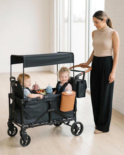 2-in-1 Wagon Stroller for Two Kids – Foldable Push & Pull All‑Terrain Wagon with Canopy, 5‑Point Harnesses, 2-in-1 Storage Bag (Converts to Shoulder Bag), Lightweight, Compact – Black