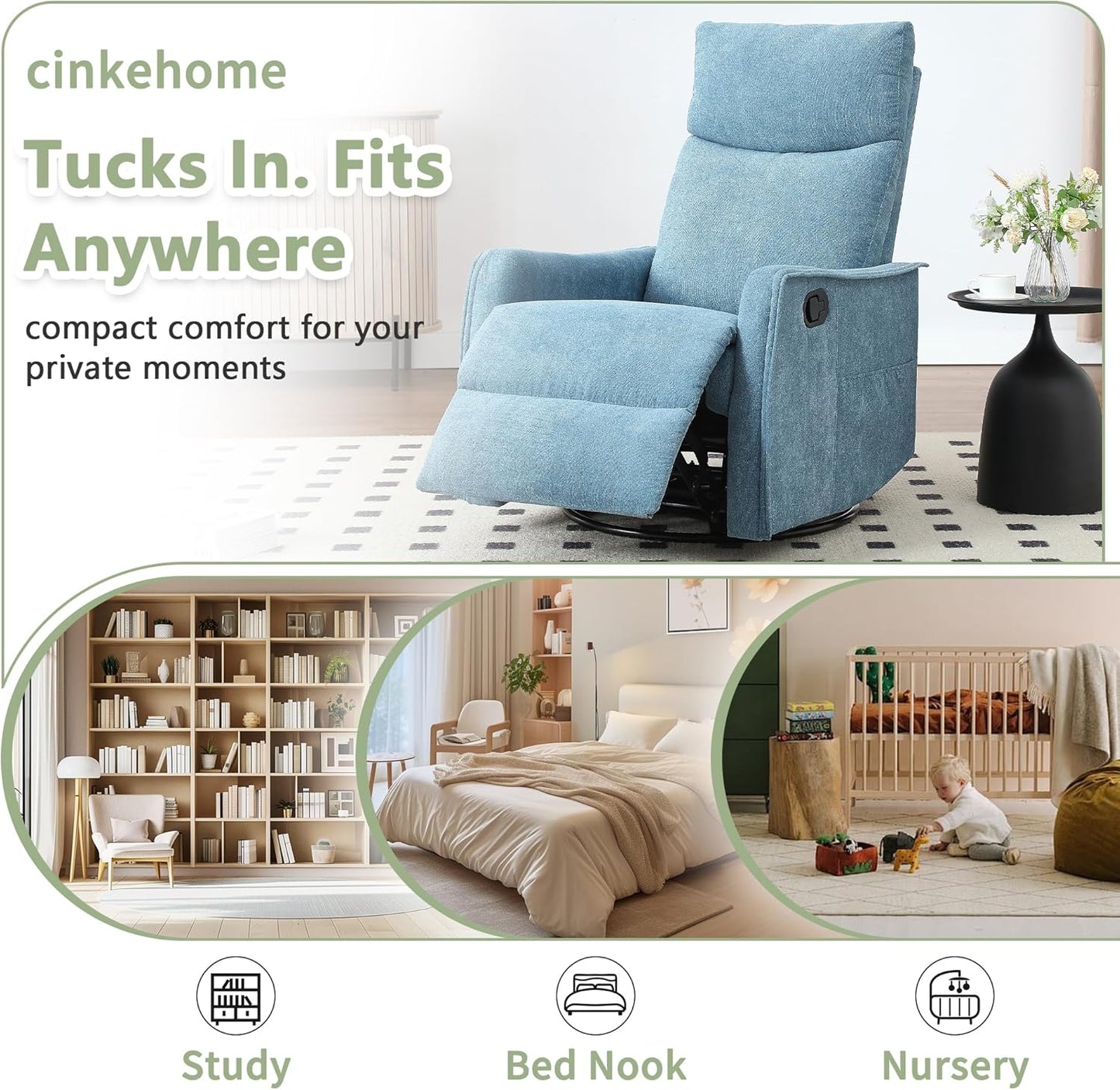 cinkehome Swivel Rocker Recliner, Glider Rocker Recliner Chair for Nursery, Manual Reclining Chair with Heated Massage, Small Spaces, Living Room, Khaki Chenille