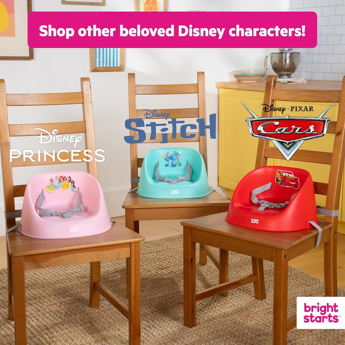 Bright Starts Disney Stitch My Spot Easy-Clean Baby Booster Feeding Chair, 3-Point Harness, Washable Removable Straps, Blue