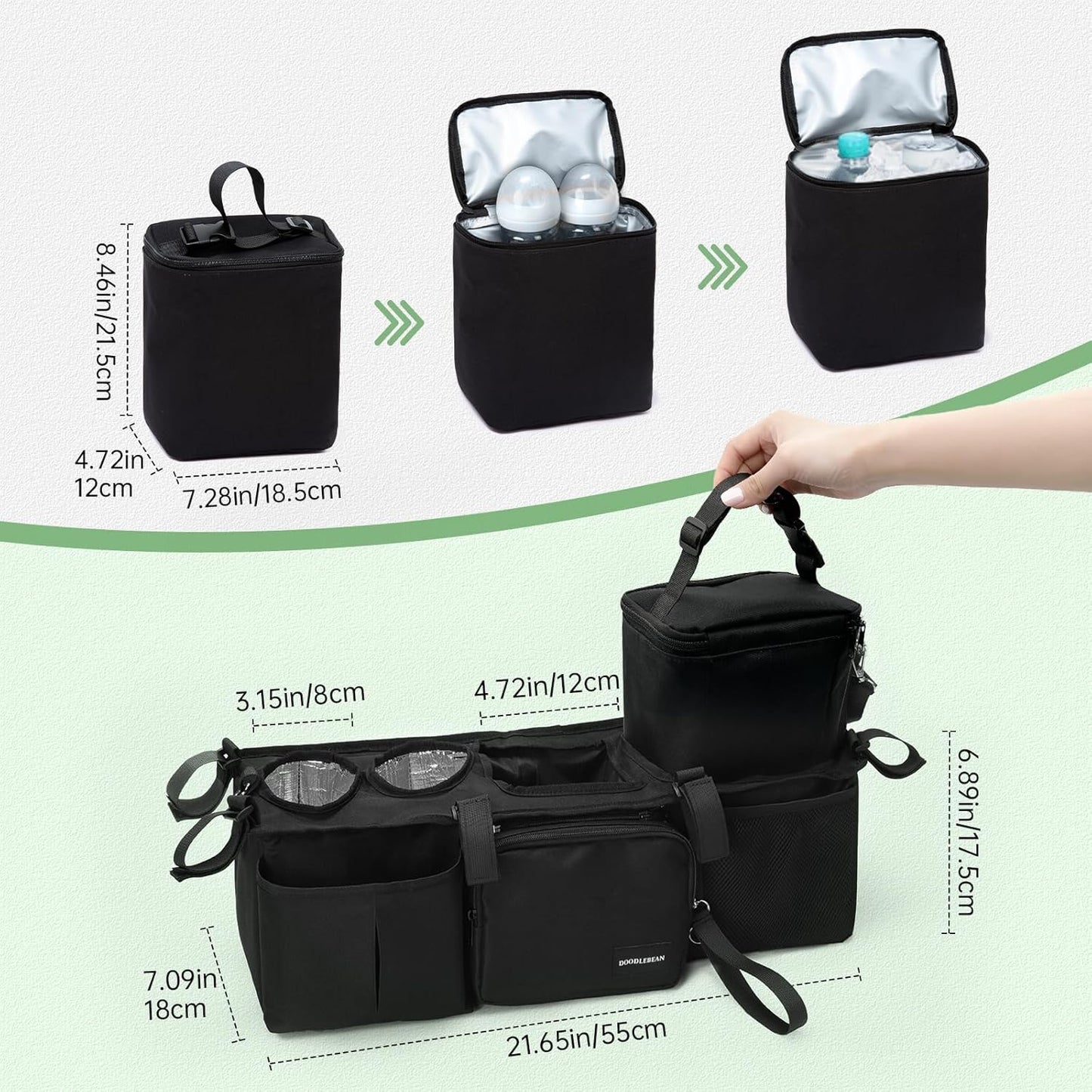 Double Stroller Organizer for Bob Duallie with 2 Insulated Cup Holders & Cooler Bag, Baby Jogger City Mini Gt2 Jeep Double Stroller Caddy Accessories, Universal Parent Console Stroller Organizer