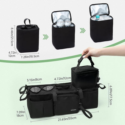 Double Stroller Organizer for Bob Duallie with 2 Insulated Cup Holders & Cooler Bag, Baby Jogger City Mini Gt2 Jeep Double Stroller Caddy Accessories, Universal Parent Console Stroller Organizer