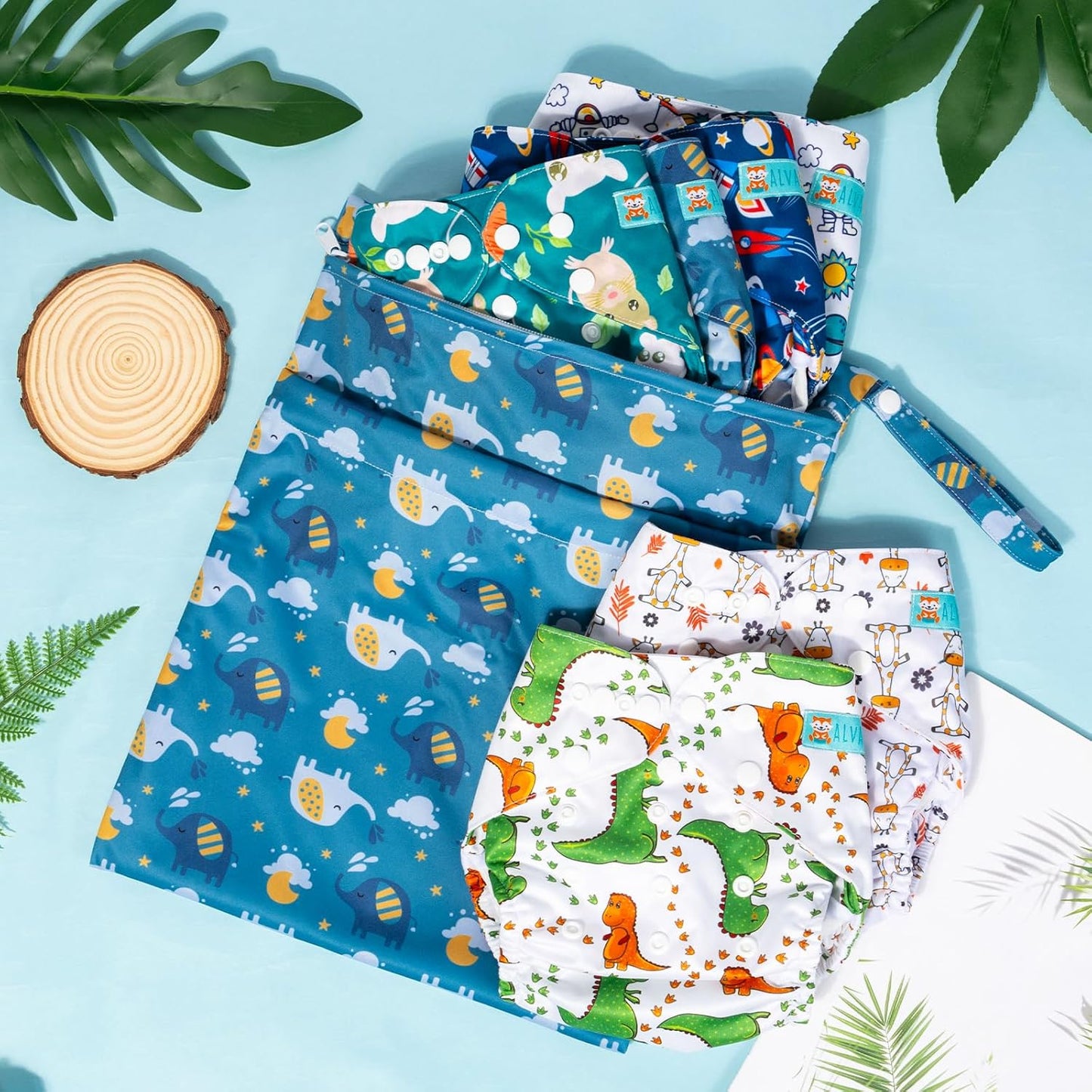 ALVABABY 6pcs Cloth Diaper Covers &1 Wet Dry Bag, Washable Reusable Cloth Nappy Shell for Prefold with Multi-Functional Bag, Flat or Fitted Diaper Inserts 6NKZ06