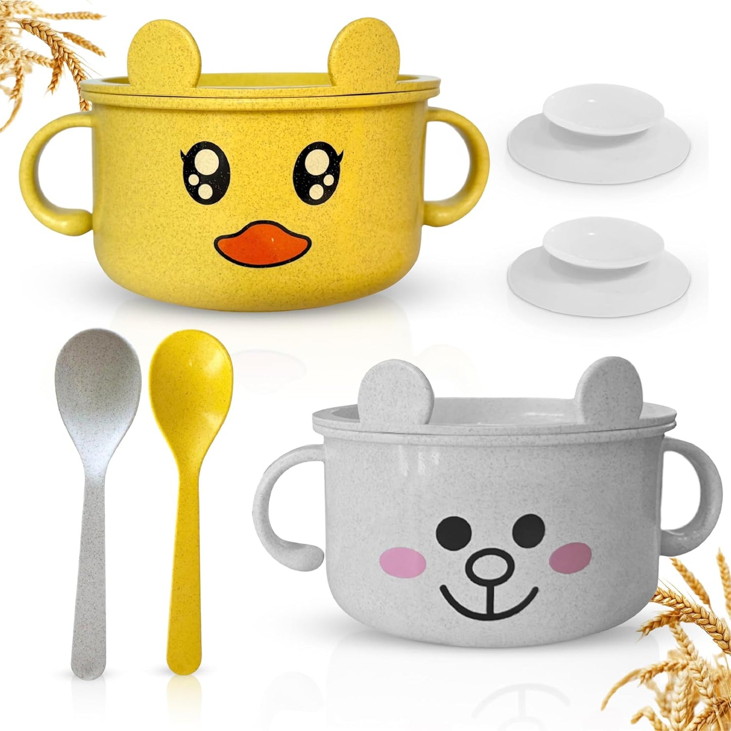 Unbreakable Bowls for Babies & Toddlers with Spoon and Lid, Eco-Friendly Wheat Straw, Stay Put Suction, BPA-Free, Microwave & Dishwasher Safe, Lightweight, No Soap Taste (Blue&White)