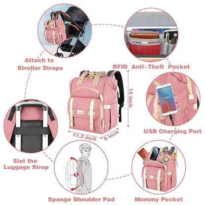 Jiefeike Diaper Bag Backpack, Pink Baby Girls Diaper Bag for Mom, Travel Baby Bags Backpack for Women, Insulated Pockets Portable toddler diaper bag, RFID Anti-Theft Pocket