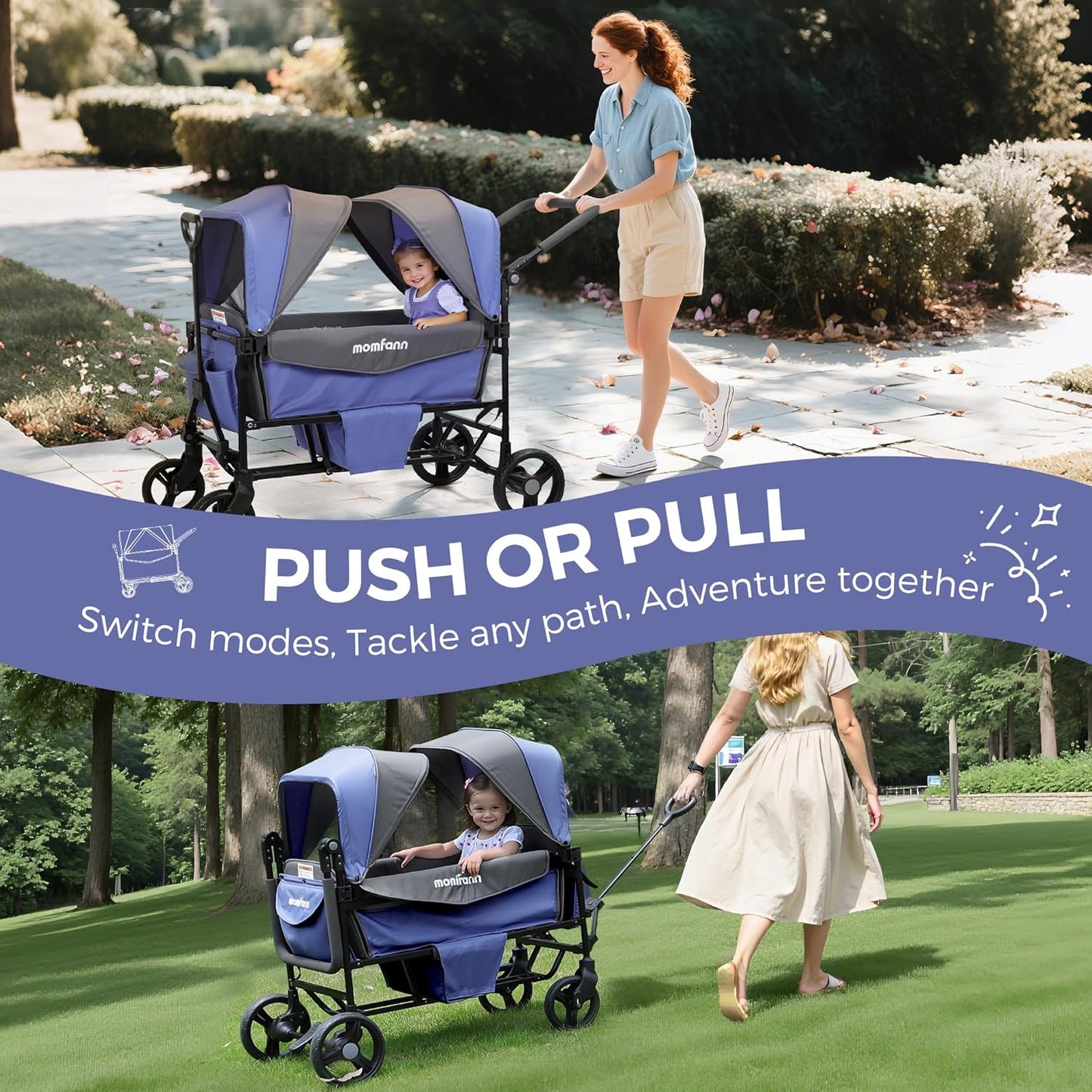 Stroller Wagon for 2 Kids with Canopy, Foldable All-Terrain Wagon Stroller with Adjustable Push/Pull Handle, Parent Organizer, 5-Point Harness, Ideal for Travel & Outdoor Adventures, Meadow Green