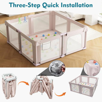 Foldable Playpen for Babies and Toddlers, 51" Portable Play Pen with Mat and Ocean Balls, Play Yard with with Visible Mesh for Inddor and Outdoor, No Assembly Required, Dark Gray