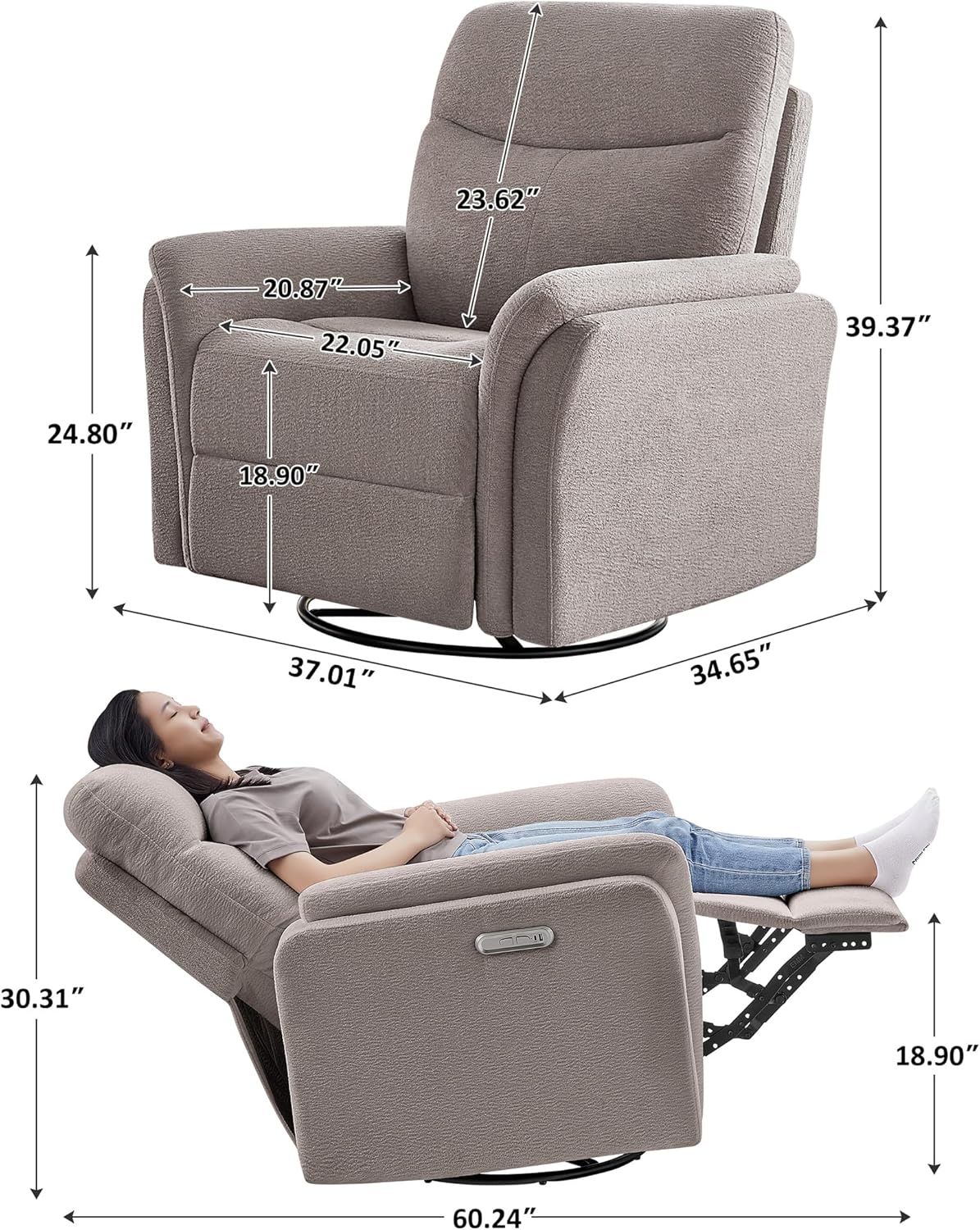 VANOMi Power Recliner Chair Swivel Glider, Electric Rocking Recliner Chairs with USB and Type-C Ports, Nursery Chair Recliner for Living Room, Bedroom, Apartment（Camel）