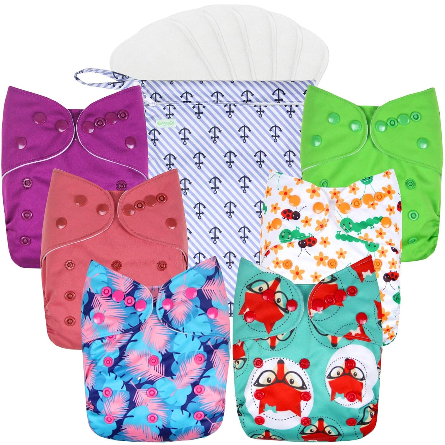 wegreeco Cloth Diapers 6 Pack with 6 Inserts & 1 Wet Bag, Washable Cloth Diapers for Babies, One Size Adjustable Reusable (Flower)