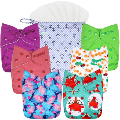 wegreeco Cloth Diapers 6 Pack with 6 Inserts & 1 Wet Bag, Washable Cloth Diapers for Babies, One Size Adjustable Reusable (Flower)