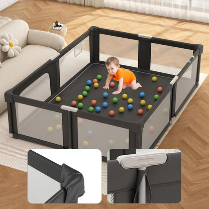 Foldable Playpen for Babies and Toddlers, 51" Portable Play Pen with Mat and Ocean Balls, Play Yard with with Visible Mesh for Inddor and Outdoor, No Assembly Required, Dark Gray