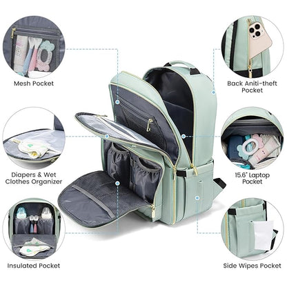 LOVEVOOK Diaper Bag Backpack, Quilted Baby Bag with Changing Pad & Pacifier Holder, Waterproof Travel Diaper Bags for Baby Boys Girls, Stylish and Large Capacity, Mint Green