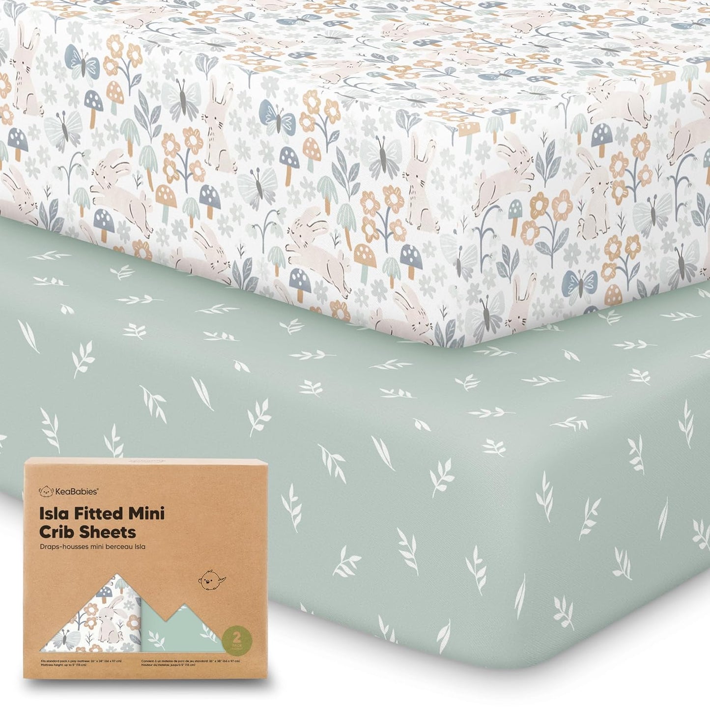 2-Pack Waterproof Pack and Play Sheets, Mini Crib Sheets Fitted for Boy, Girl - 38 x 26 Viscose from Bamboo Pack N Play Mattress Sheets for Graco, Toddler Playard Baby Crib Sheets Neutral (Blue Flax) - Colors A